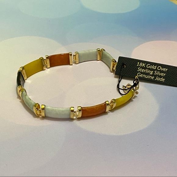Genuine Multicolored Jade “Good Fortune” Bracelet in 18kt Gold Over SS. - Picture 3 of 10